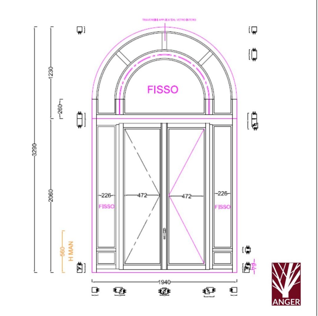 Disegno tecnico di un serramento in legno ad arco su misura per il progetto di Milano